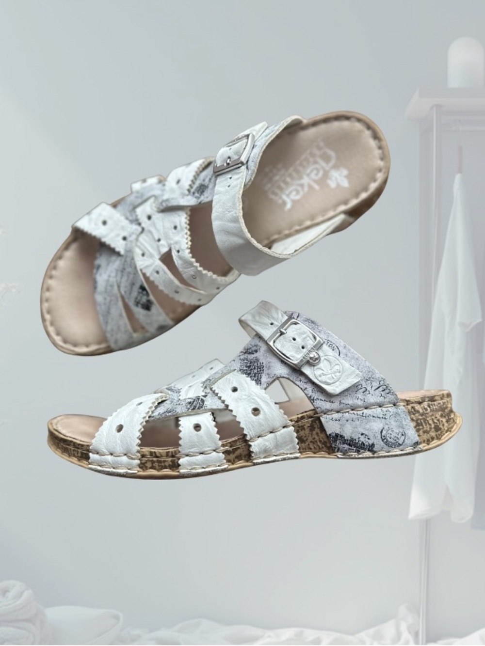 Rieker Anti Stress Mule White Buckle Slide Sandals with Textured Print